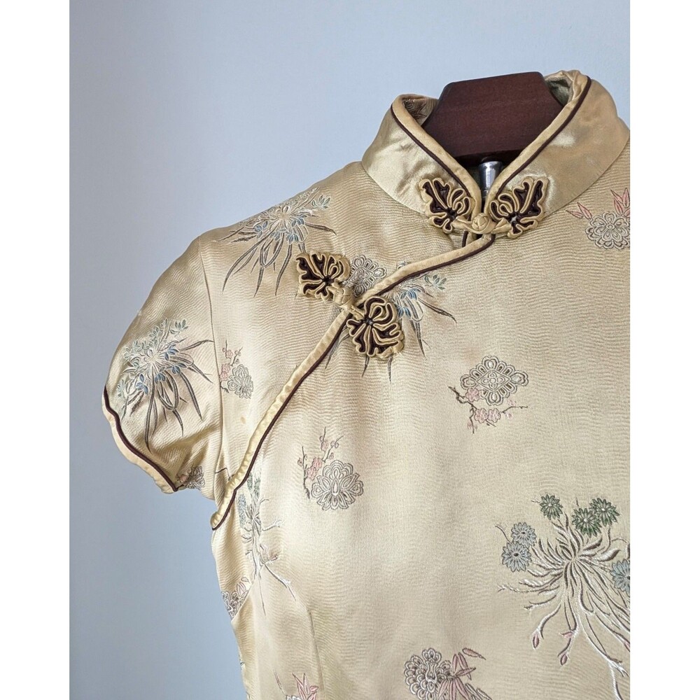 Vintage Silk Jacquard Qipao Cheongsam Dress Champagne Gold Chinese Dress Elegant - Picture 3 of 13
